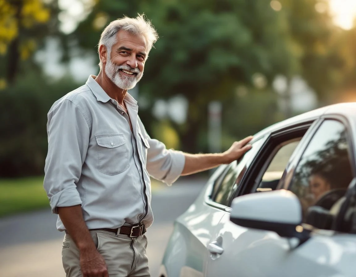 Un instructeur de conduite bienveillant avec un jeune élève devant le véhicule de l'auto-école